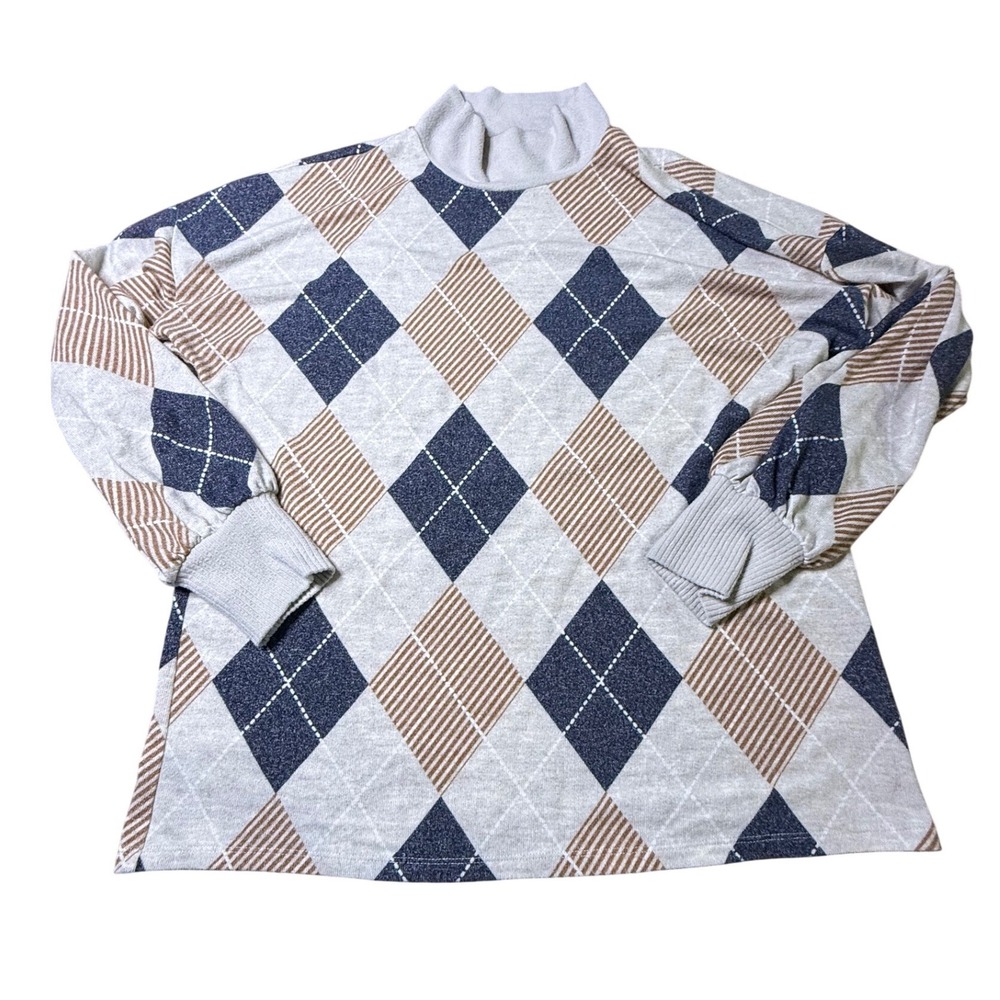 Maurices Womens Large Argyle Mock Neck Long Sleeve Knit Top Navy Tan Cream